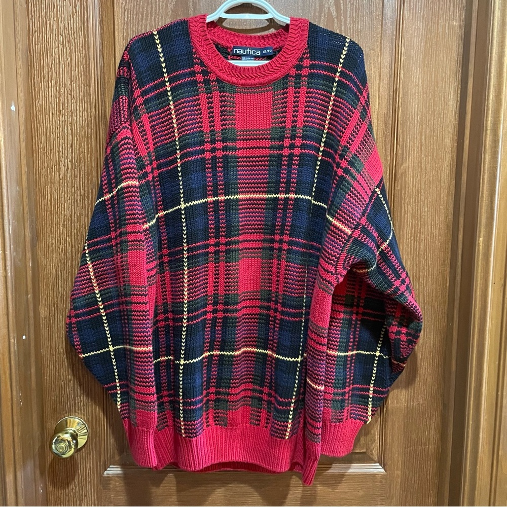 Nautica Men's Plaid Crewneck Golf Sweater Red Navy Green Black Yellow Size XL
